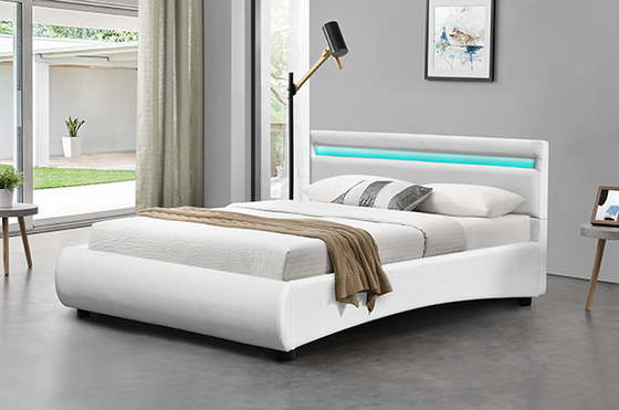 OEM White Pu Leather Bed Frame With LED Light Curve Shape
