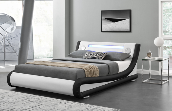 Modern LED Upholstered Bed Queen Size Platform Bed Frame With Speakers