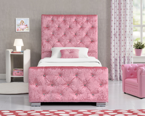 Cute Children Upholstered Storage Platform Bed Frame Single Size With Crushed Velvet