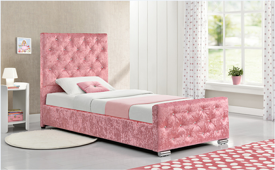 Cute Children Upholstered Storage Platform Bed Frame Single Size With Crushed Velvet