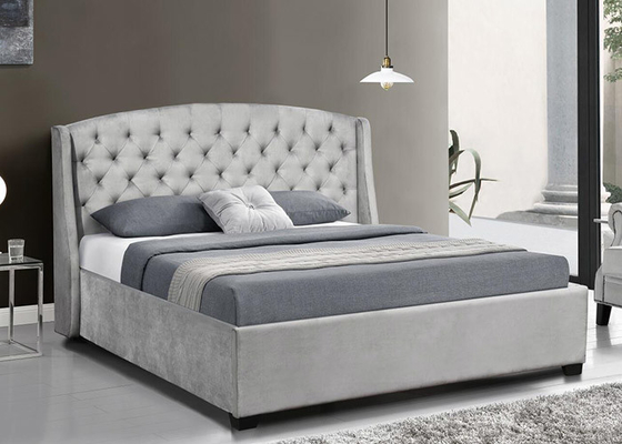 Upholstered Wingback Plywood Bed Frame Dark Grey Velvet Wing Headboard Queen King