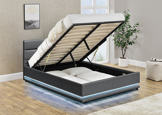 Grey Leather Storage Bed With LED On The Headboard