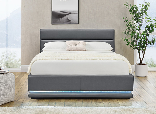 Grey Leather Storage Bed With LED On The Headboard