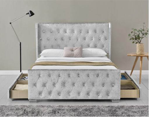 Wing Back Ottoman Tufted Storage Bed King Size Wood Sliver Grey Crushed Velvet With Headboard