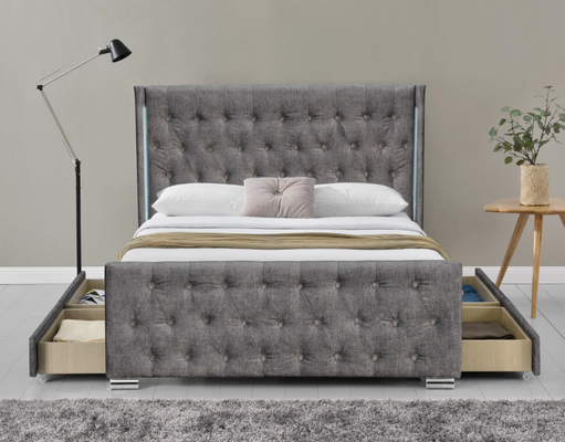 Wing Back Ottoman Tufted Storage Bed King Size Wood Sliver Grey Crushed Velvet With Headboard
