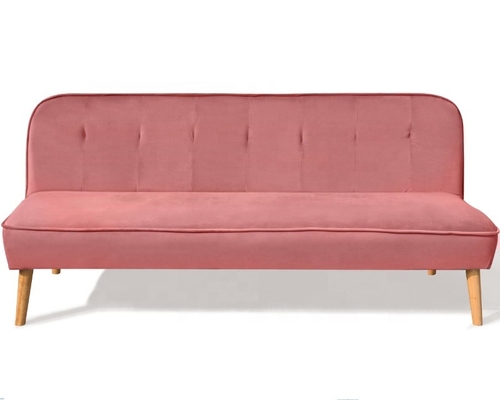 Crushed Velvet Foldable Sofa Bed Dusty Rose Fabric Cover With Wood Leg