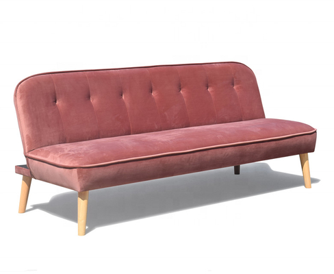 Crushed Velvet Foldable Sofa Bed Dusty Rose Fabric Cover With Wood Leg
