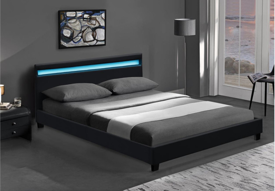 Wooden Double LED Upholstered Bed Black White With Headboard Led Lights