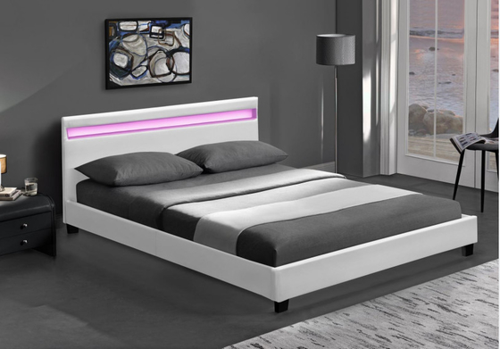 Wooden Double LED Upholstered Bed Black White With Headboard Led Lights