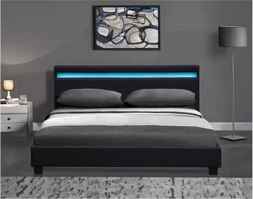 Wooden Double LED Upholstered Bed Black White With Headboard Led Lights