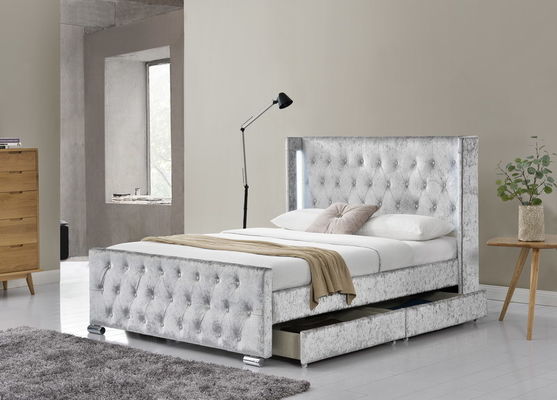 Full Bed Frame with Upholstered Button Tufted Storage Headboard, Wooden Slats Support